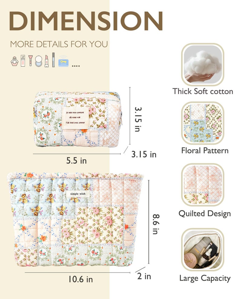 Sminra 2 Pieces Floral Makeup Bag  Cute Travel Quilted Pouch Cosmetic Bag Organizer  Small Cotton Coquette Aesthetic Purse Toiletry Bag for Women Girls accessories (Blue Flower-2PCS) - Image 2
